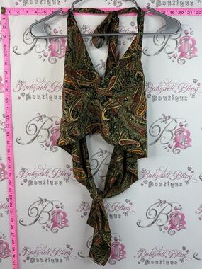 Tank top cropped halter abstract Paisley Halter Tie-Front Top in Olive & Rust